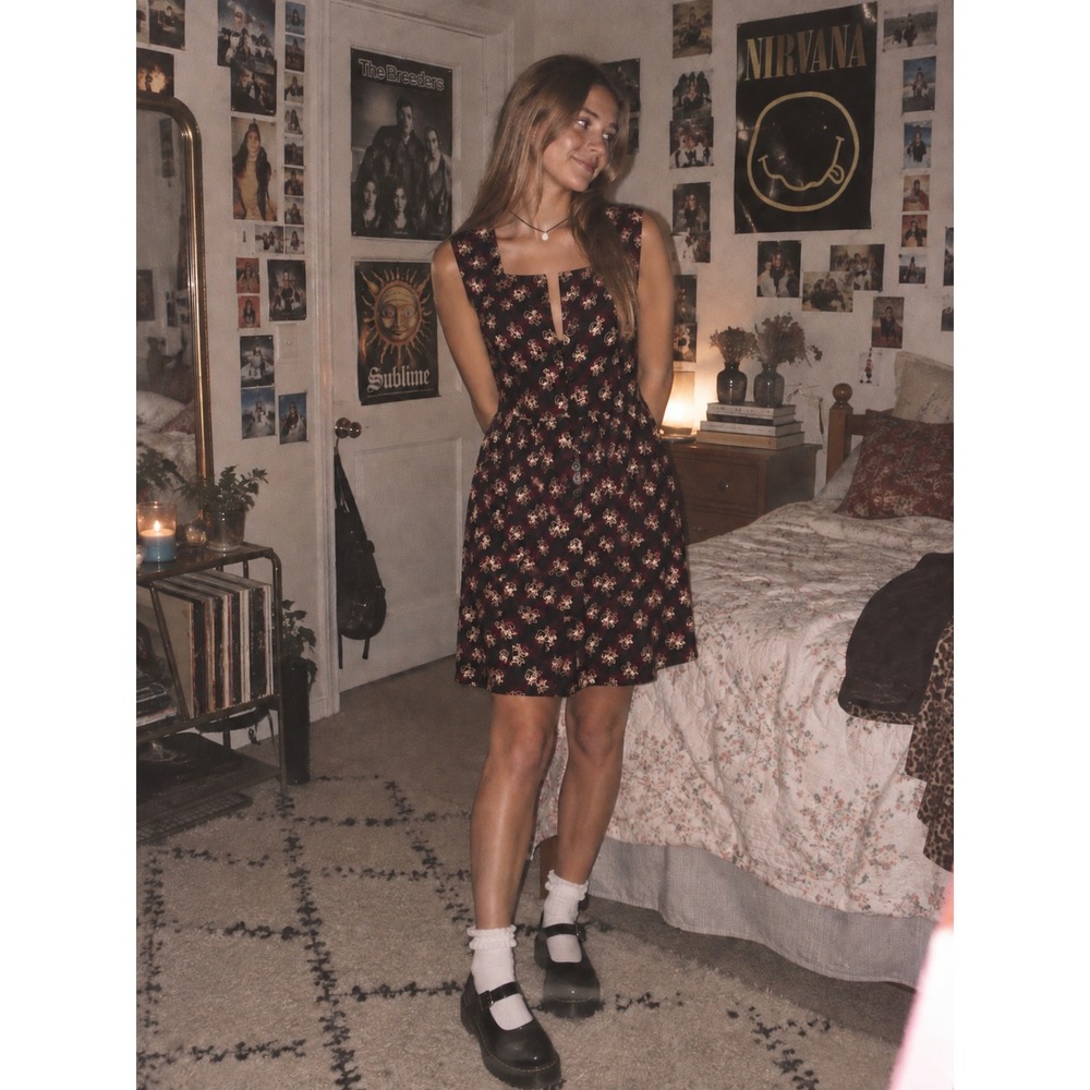 Vintage 90s Rampage Floral Dress Sz 5 Black Burgundy Grunge Whimsigoth Indie